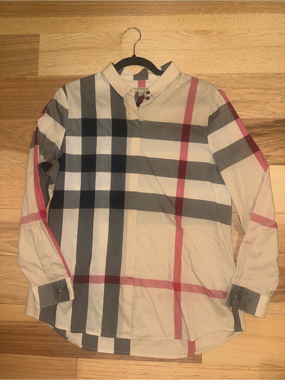Burberry Womens Cream Plaid Button-Down Shirt with Gray and Red Stripes - Picture 2 of 5